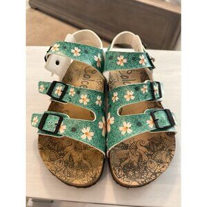 Calceo Daisy Print Cork Sandals Women EU 39 US 8 Green Floral Buckle